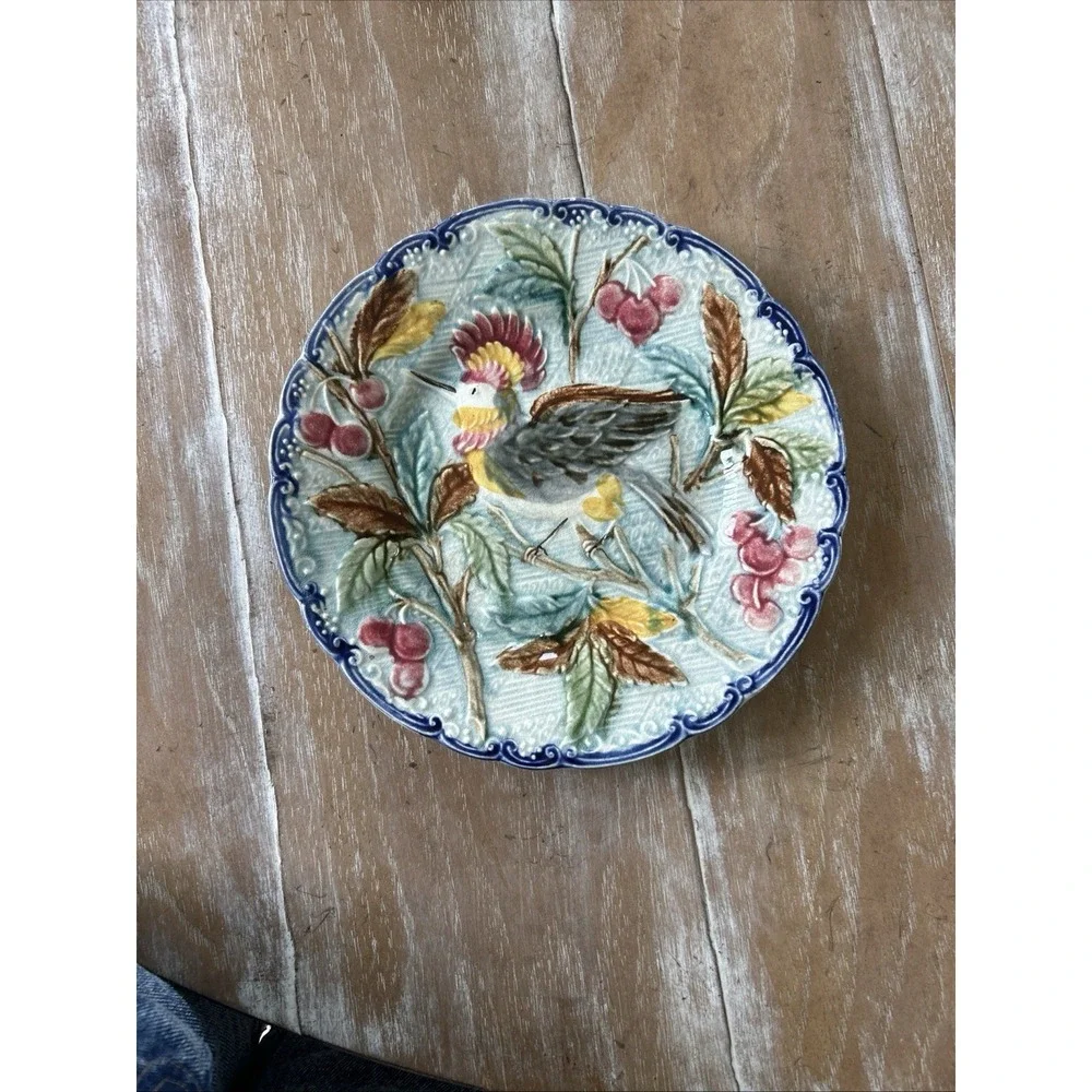 Antique Majolica Plate with Bird of Paradise c.1890's-1900